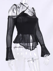 Black Mesh Halter Strap Long Sleeve Top
