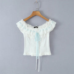 White Ruched Off-Shoulder Smocked Tie Up Top