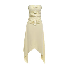 Yellow Strapless 3d Flower Asymmetrical Hem Midi Dress