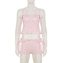 Pink Bowknot Ruched Strap Top And Shorts Set