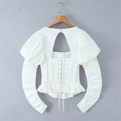 White Puff Square-neck Long-sleeve Lace Up Top
