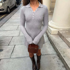 Grey Polo Collar Long Sleeve Knitted Mini Dress