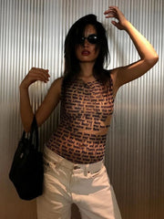 Mesh Letter Printed O-Neck Tank Top With Gloves