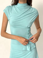 Solid Waist-Cinching Button Mock Neck Top