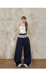Navy Blue Wide Leg Elastic Waist Striped Sweatpants