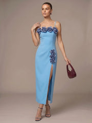 Spaghetti Strap 3d Flower Applique Slit Midi Dress