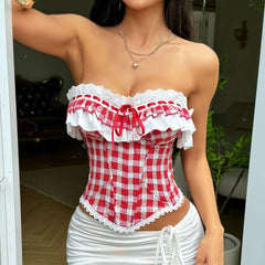 Red Gingham Lace Trim Corset Top