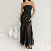 Black strapless dress with floral pattern - Front View
