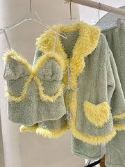Yellow Fur Trim Fleece Three-Piece Sleepwear Set