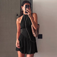 High Neck Tie Up Pleated Hem Mini Dress