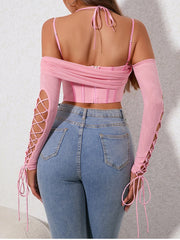 Pink Off Shoulder Lace Up Long Sleeve Corset Crop Top