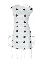 Polka Dot Drawstring Ruched Mini Dress