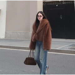 Brown Faux Fur Cropped Coat
