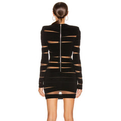 Black Long-sleeved See-through Mesh Slit Mini Dress