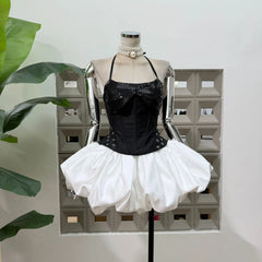 Halter Sequin Corset Crop Top And Bubble Hem Skirt Set