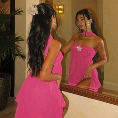 Frill Halter Around Neck Strapless Mini Dress