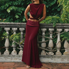 Bandage Tie Up Crop Top & Sequin Strap Long Skirt Set