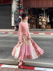 Plaid Patchwork Midi Skirt - Streetwear A-Line
