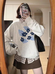 Grey Long Sleeve Blue Flower Print Sweatshirt