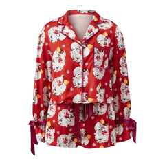 Christmas Long Sleeve Santa Claus Print Top with Elastic Waist Shorts Pajamas Set