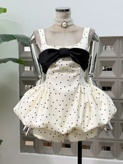Polka Dot Bow Embellished Bubble Hem Mini Dress With Shorts