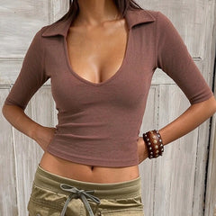Velvet Collar Elbow Length Crop Top
