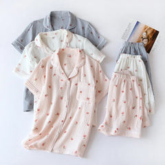 Cotton Peach Print Short-sleeved Shirt And Shorts Pajama Set