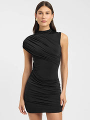 One Shoulder Round Neck Ruched Mini Dress