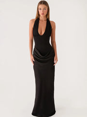 Halter Backless Tie Draped Waist Satin Maxi Dress