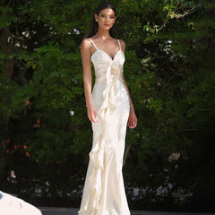 Satin Flowers Ruffles Long Dress