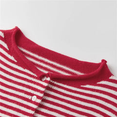 Striped Crew Neck Open Front Button Down Cardigan