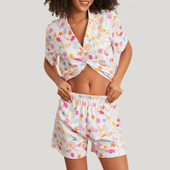 Ocean Print Button T-Shirt and Elastic Shorts Loungewear Set