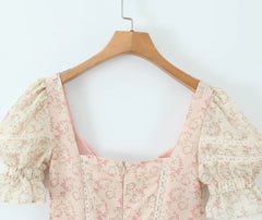 Beige Puff Sleeve Printed Mini Dress