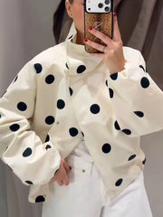 Polka Dot Printed Stand Collar Bomber Jacket