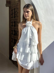 3D Flowers Ruffled Halter Tiered Mini Dress