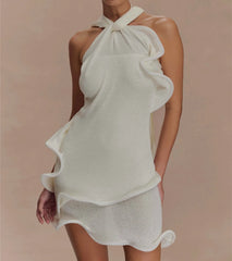Knitted Halter Ruffle Trim Mini Dress