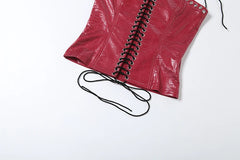 PU Leather Lace Up Corset Strapless Top And Shorts Set