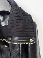 Black Pu Leather Gold Button Zip Collar Jacket