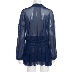 Button Up Collar Mesh See Through Long Sleeve Mini Dress