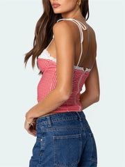 Gingham Lace Trim Spaghetti Strap Top