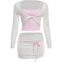Two Tone Ruched Long Sleeve Crop Top And Bodycon Mini Skirt Set