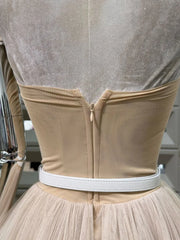 Beige Strapless Tulle Pom Pom Mini Dress