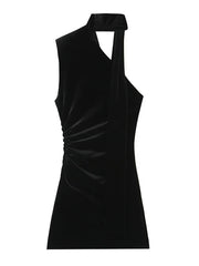 Black Velvet Diagonal Collar Mini Dress with Ribbon