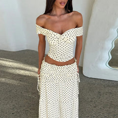 White Polka Dot Crop Top And Side Bow Skirt Set