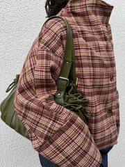 Plaid Stand Collar Long Sleeve Single Breasted Coat