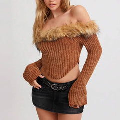 Off Shoulder Knitted Fur Trim Brown Crop Top