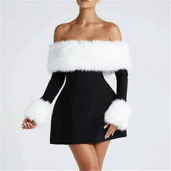 Off Shoulder Fur Trim A Line Mini Dress