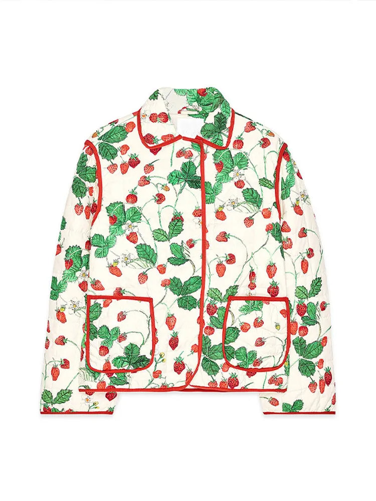 Floral patterned jacket with red accents on a white background