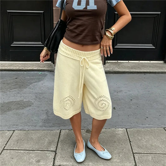 Hollow Swirl Embroidery Drawstring Wide Leg Capri Pants