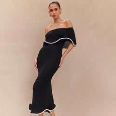 Black Ruffle Off-Shoulder White Trim Long Dresses